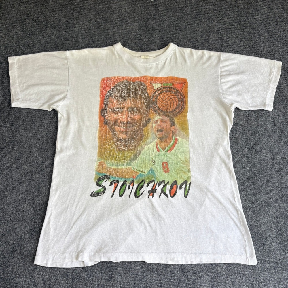 Vintage Hristo Stoichkov Bulgaria Soccer Graphic T-Shirt White XL 90s Football
